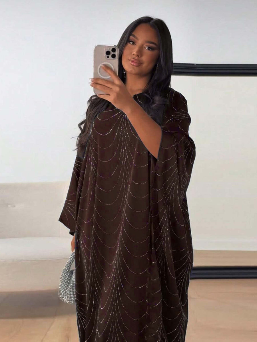 Ramadan Middle East Muslim New Women's Fashion Loose Rhinestone Batwing Sleeve Abaya Gown - Reddish Brown