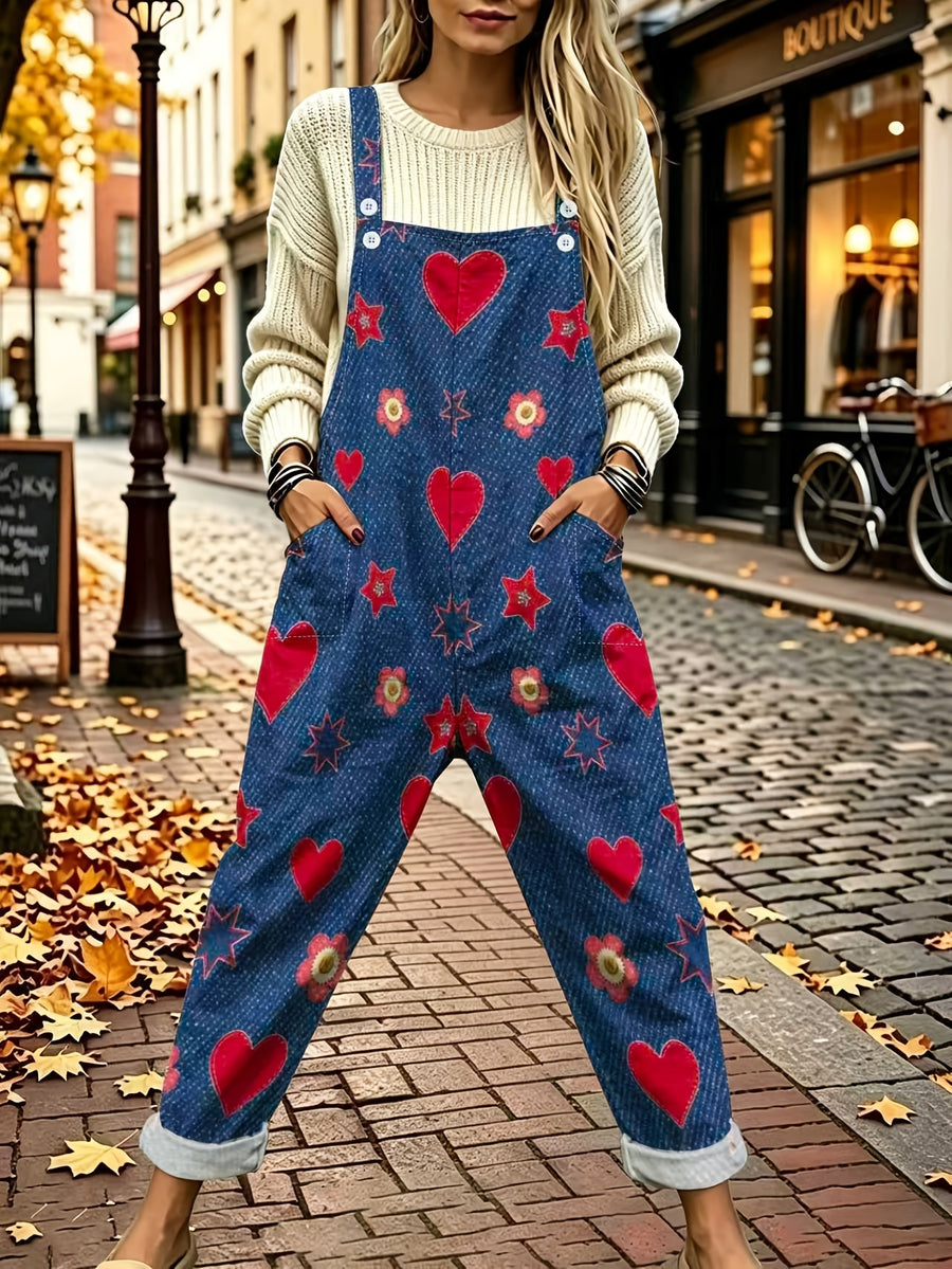 New Autumn Sweet Heart Star Flower Print Denim Overalls Women's Loose Wide Leg Rolled Hem Multi-Pocket Age-Reducing Casual Jumpsuit - Mixed colors