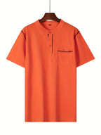 2025 Summer New Arrival Men's Color-Block Striped Short-Sleeve Henley Shirt, Cool and Breathable - Orange