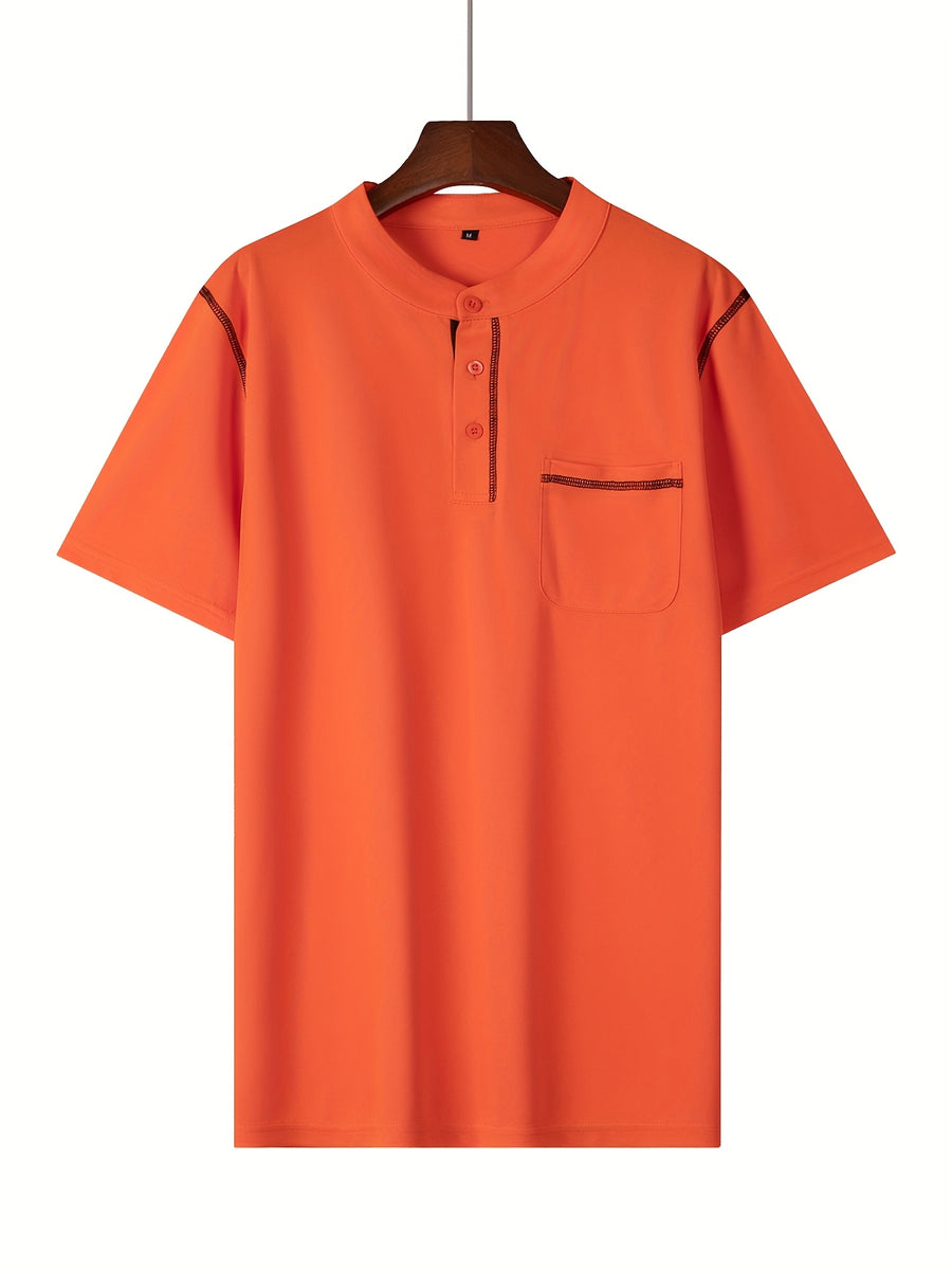 2025 Summer New Arrival Men's Color-Block Striped Short-Sleeve Henley Shirt, Cool and Breathable - Orange