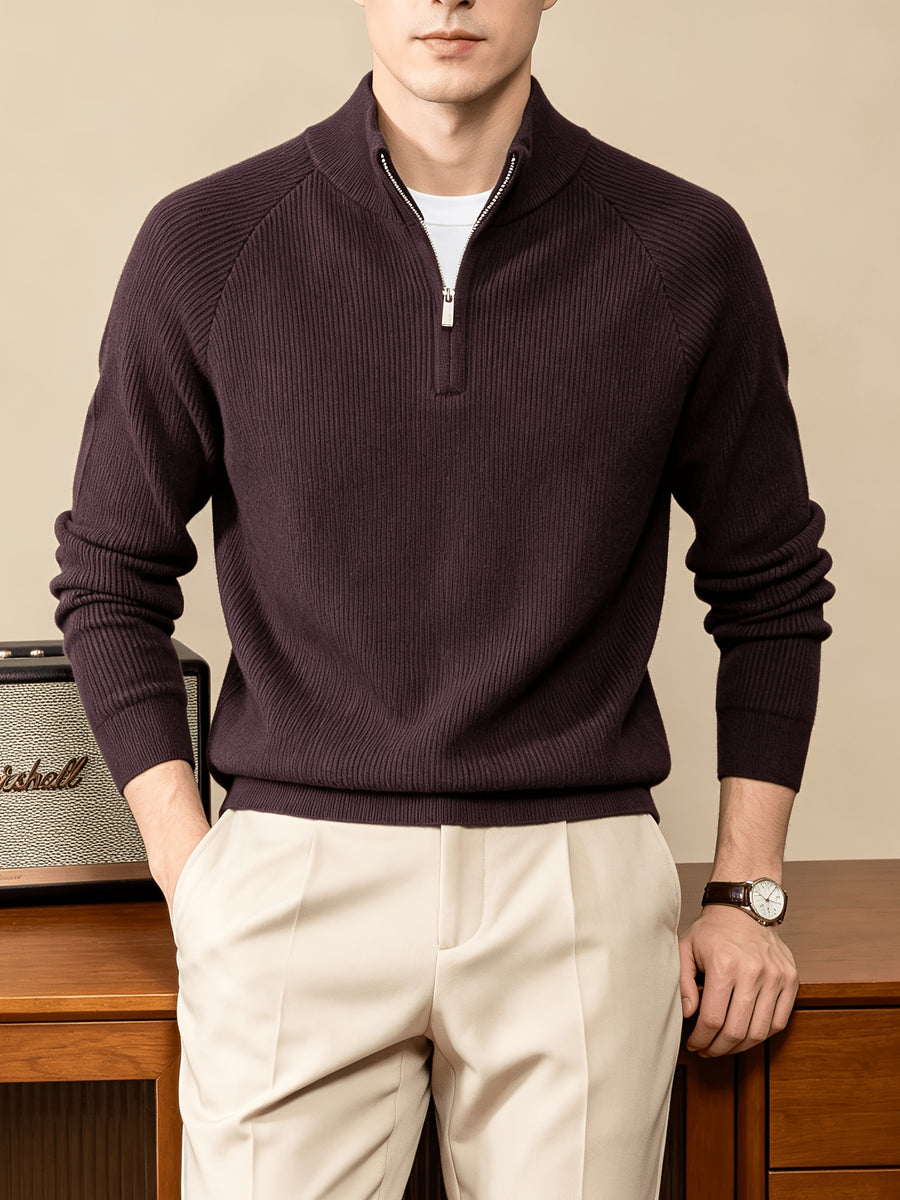 Du Jing Lan OBM Spring/Autumn New Arrival Men's Knitted Pullover, Old Money Style Solid Color Half-Open Placket Stand Collar Long Sleeve Knitted Pullover, Men's Business Casual Fashion Ribbed Sweater, Suitable for Layering or Wearing as an Inner - Deep Purple