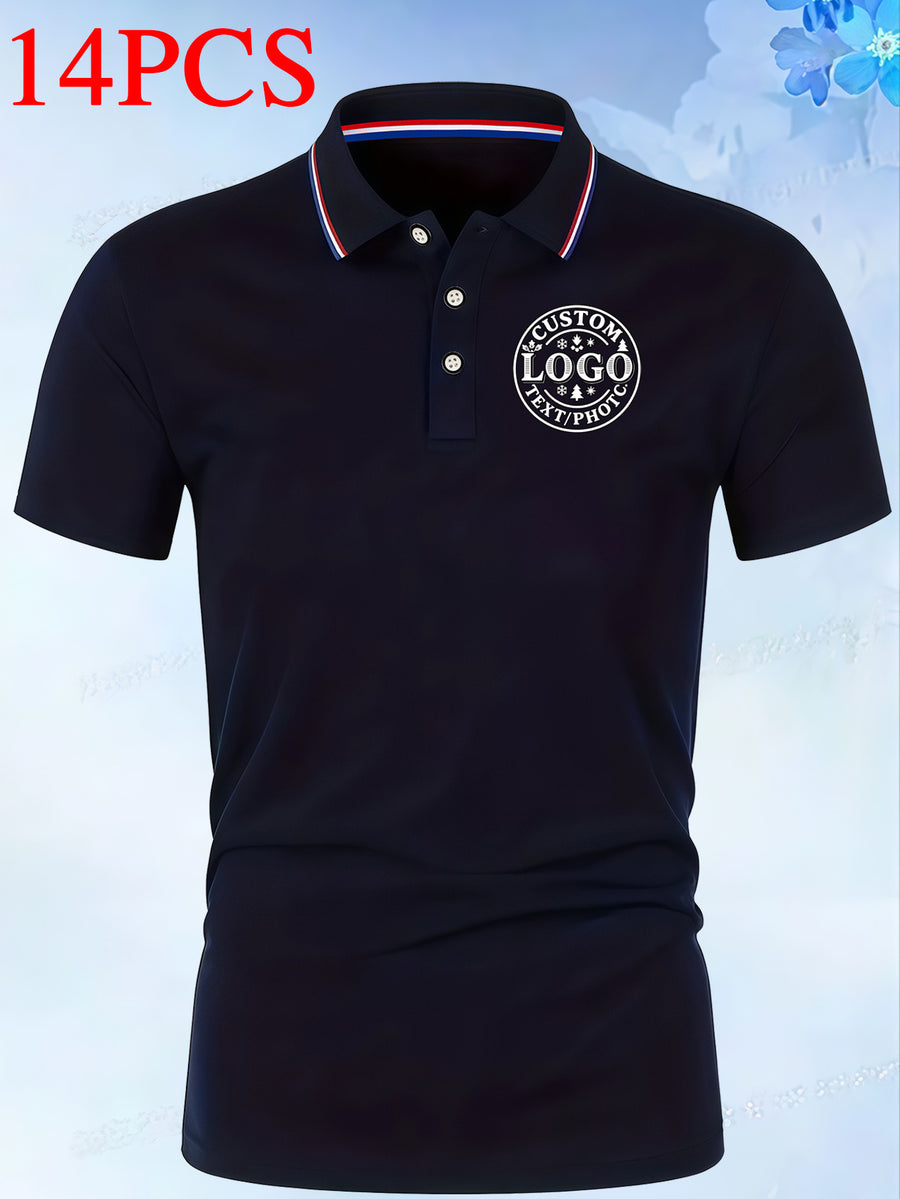 14pcs Classic Solid Color Men'S Polo Shirts, Breathable Lapel High Quality Shirts Casual Fashion Sport - Navy Color