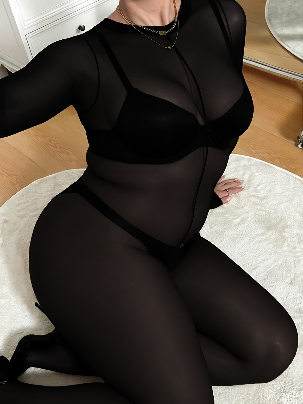 Plus-Size Women'S Sexy Nightwear, Seductive Sheer Gowns, Shaping Bodysuits, Romantic Nights - Black