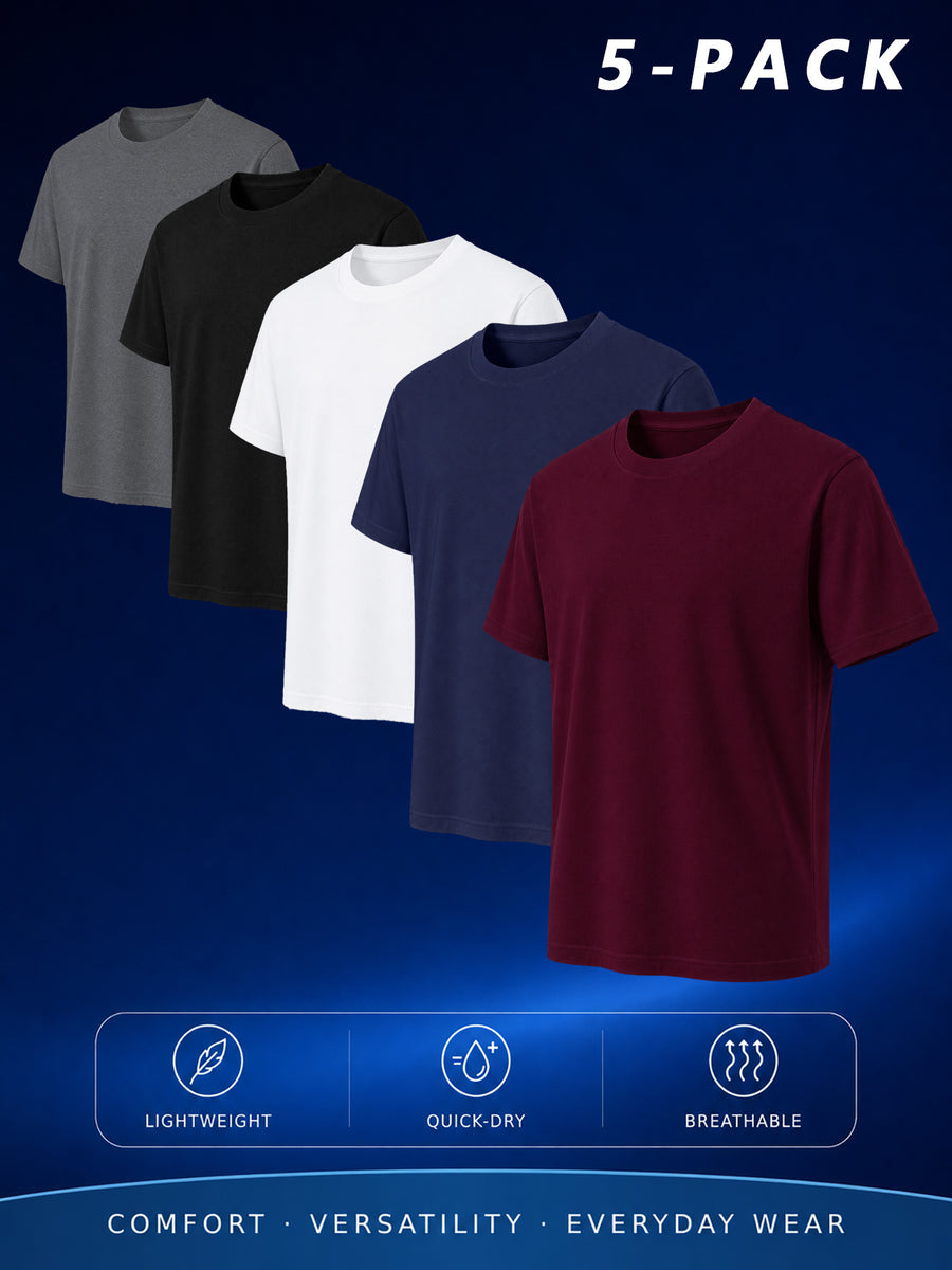 5pcs of High-quality Men's Pure-color Short-sleeved T-shirts, Assorted in 5 Different Colors, Fashionable, Casual, Comfortable, Lightweight, Basic-style Tops, Suitable for Daily Wear, Work, Sports, and as Gifts - 5-Piece Set in Dark Gray, Wine Red, Blue, White, and Black