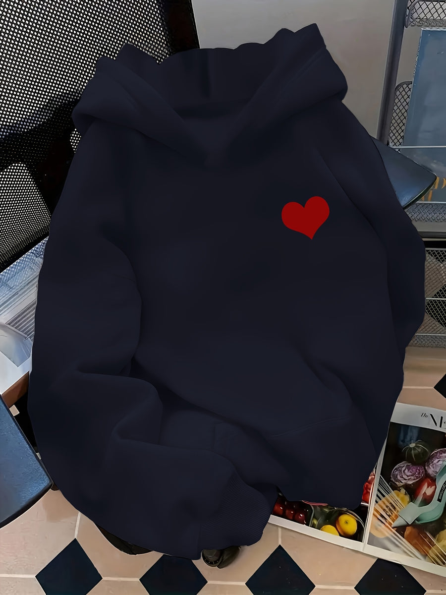 Heart" Pattern Hoodie - Couple's Hooded Sweatshirt, Daily Casual Swear, Long Sleeve, Lightweight Stretch Fabric, Playful Print Top | Comfortable Fit - Unisex - Navy Color