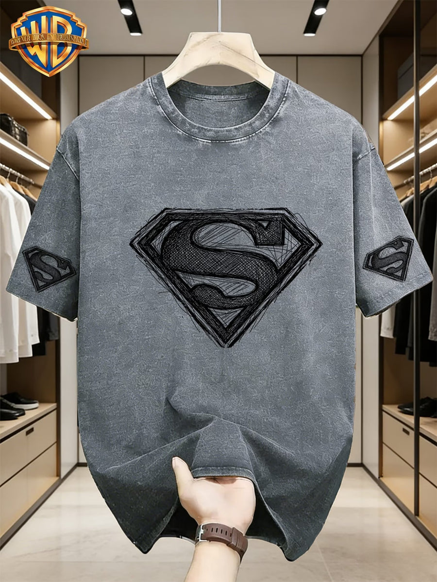 Superman Logo Hand Drawn Sketch Print T-Shirt for Men with A Niche Design Sense, Superhero Anime Peripheral Top - Grey