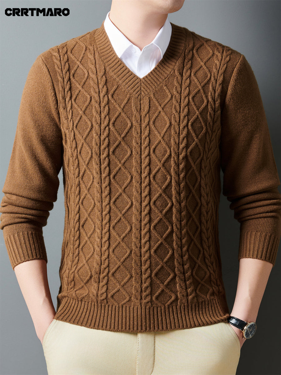 Cartama CRRTMARO Autumn/Winter Knitted 3D Solid Color V-Neck Sweater, Basic Thickened Pullover, Men's Fashion Knitwear Long Sleeve HH - Coffee Yellow