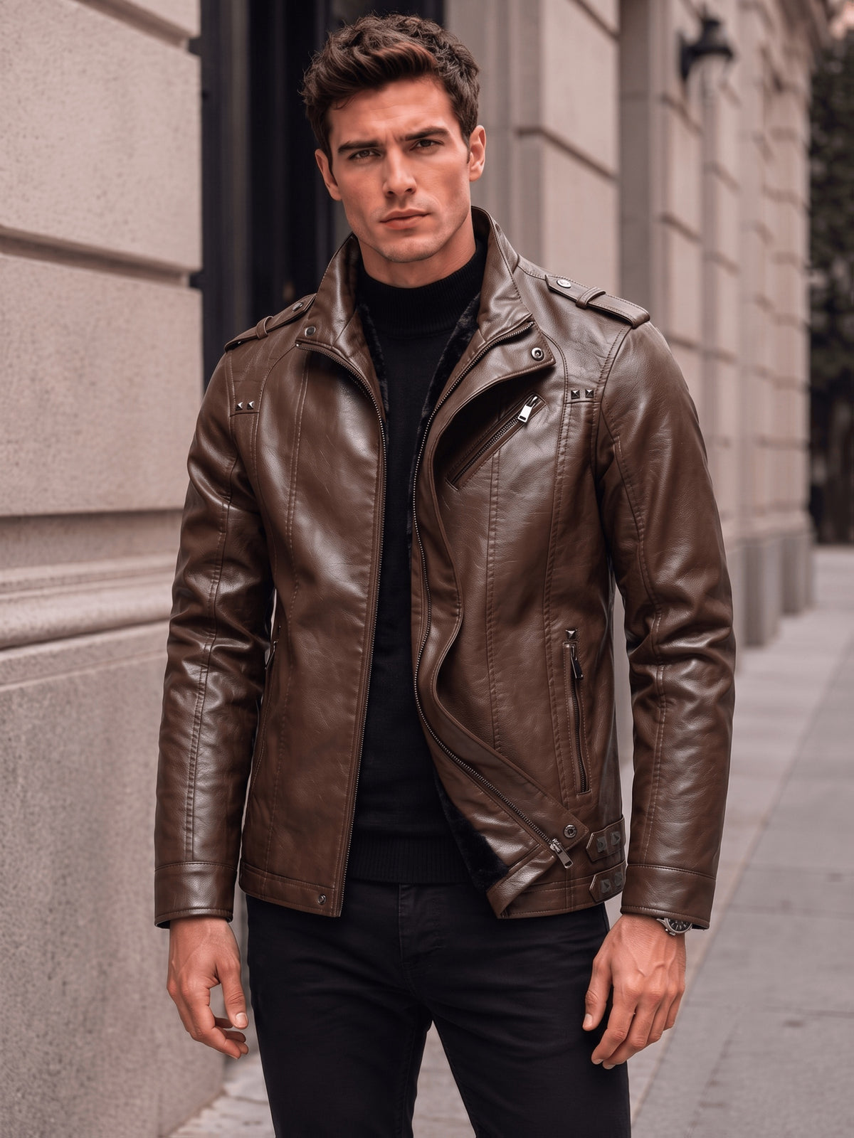 Men's PU PU Leather Biker Jacket with Warm Plush Lining, Stand Collar, Asymmetrical Zip Front, Multiple Zipper Pockets, Shoulder Tabs and Stud Accents for Fall/Winter  Commuting, Travel, Streetwear, Dating and Daily Wear - Coffee Color