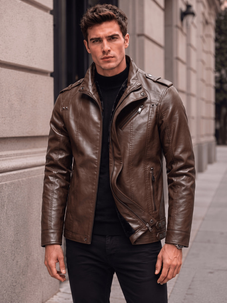 Men's PU PU Leather Biker Jacket with Warm Plush Lining, Stand Collar, Asymmetrical Zip Front, Multiple Zipper Pockets, Shoulder Tabs and Stud Accents for Fall/Winter Commuting, Travel, Streetwear, Dating and Daily Wear - Coffee Color