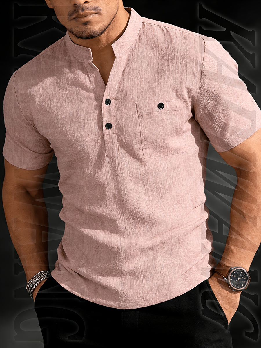 Henley Shirt Men's High-Quality Summer Short-Sleeve Henley T-Shirt - Men's Top, Old Money Style, Suitable for Golf Attire, Outdoor Camping, Fishing, and Daily Casual Wear - Pink Color