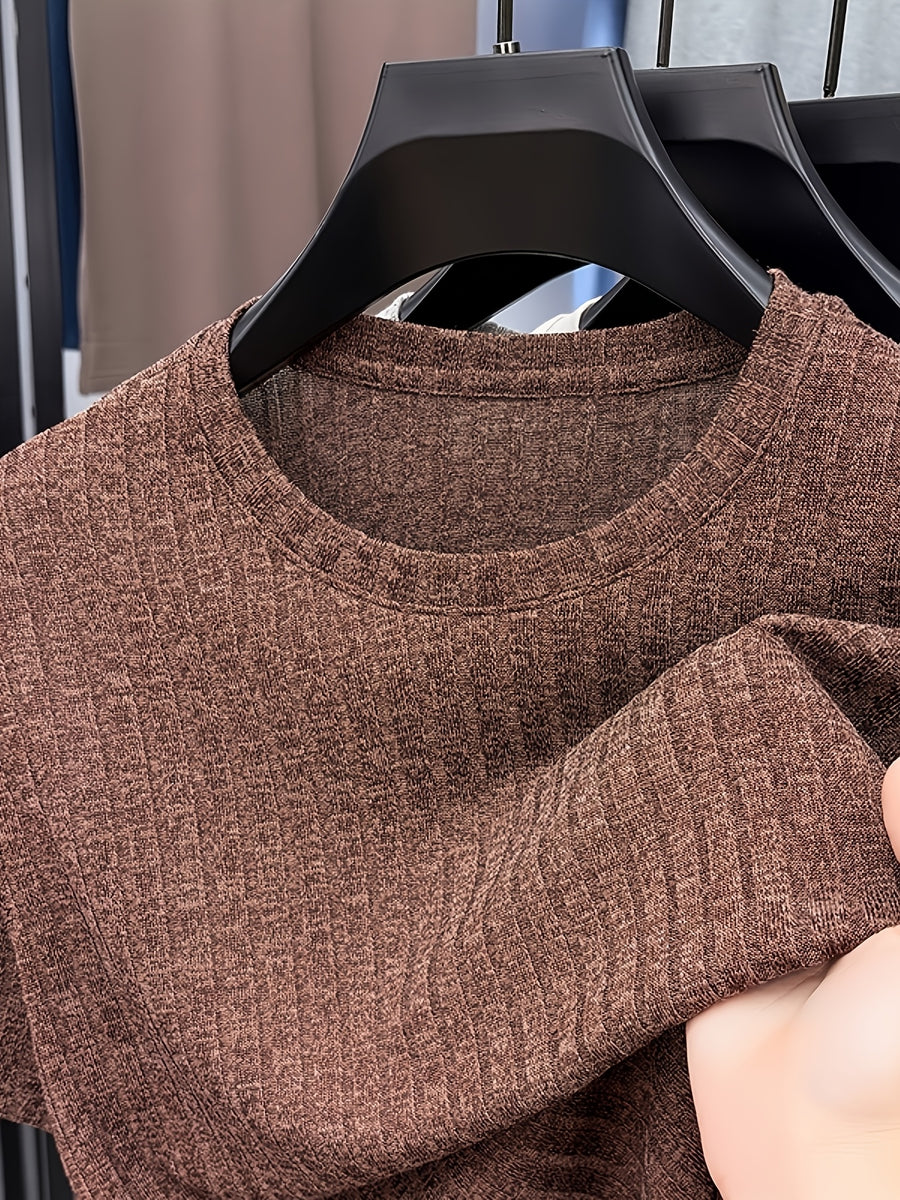 Men'S Round Neck Vertical Ribbed Knit T-Shirt, Summer Breathable Commuter Business Style, Casual Versatile Short Sleeve Top, Basic Round Neck Design, Neat Stitching, Contouring Neckline, Unrestrictive for Daily Activities - Coffee Color