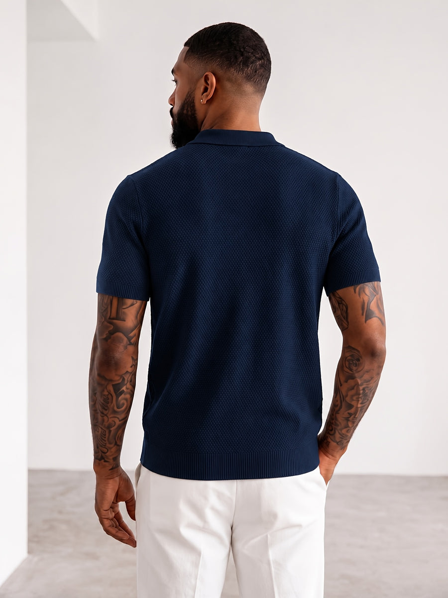 Men'S Easy Casual Short-Sleeve Knit Top, Made of Pure with Fine Mesh Texture, Skin-Friendly And Breathable, Relaxed Casual Style, Classic Versatile Design with Exquisite Details, Solid Color for a Warm And Easy Look - Navy Color