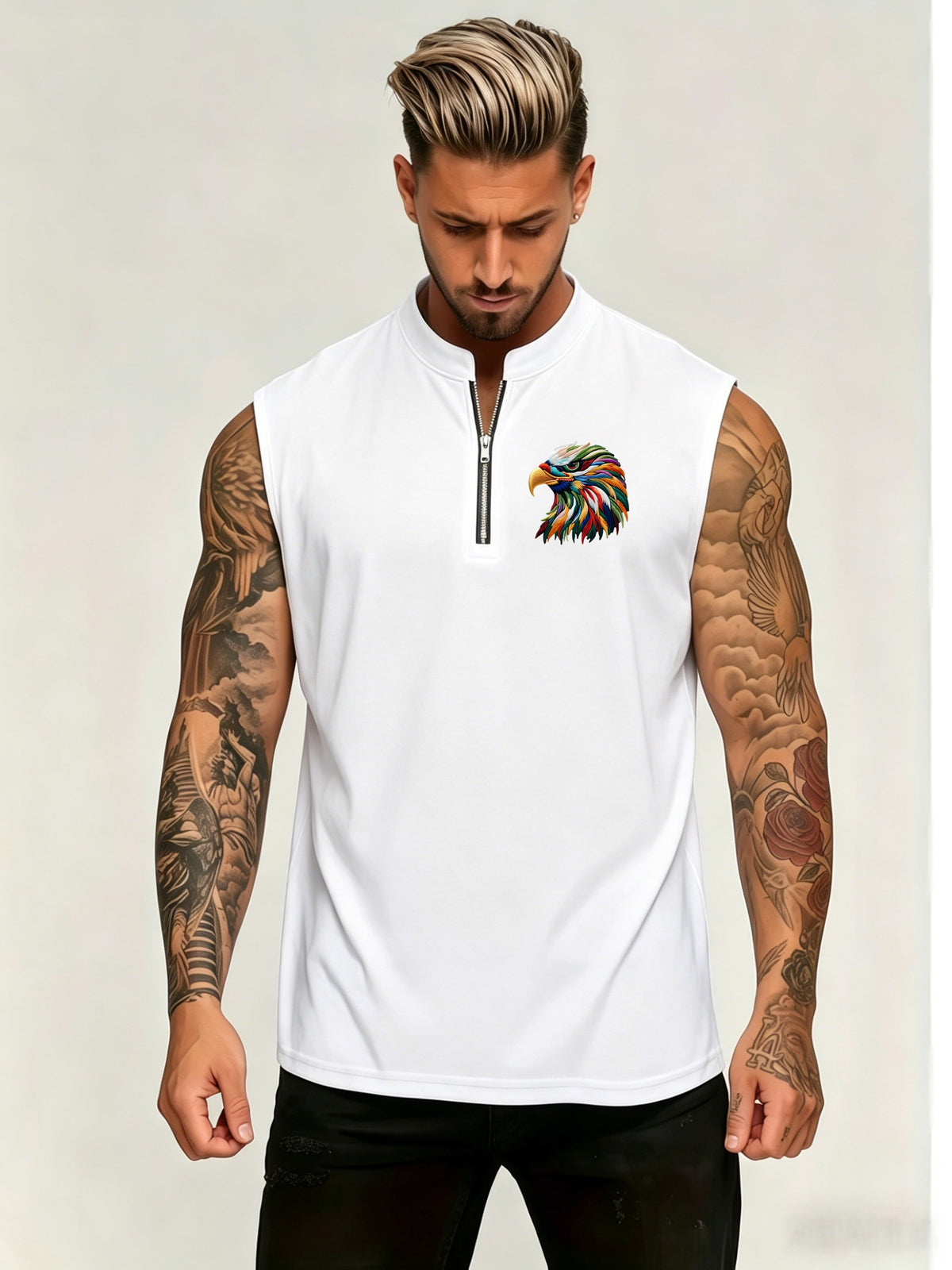 Men'S Summer New Style Sleeveless Zipper Henley Shirt, Outdoor Fitness Sports Comfortable Casual Fashion Sleeveless POLO Top - White