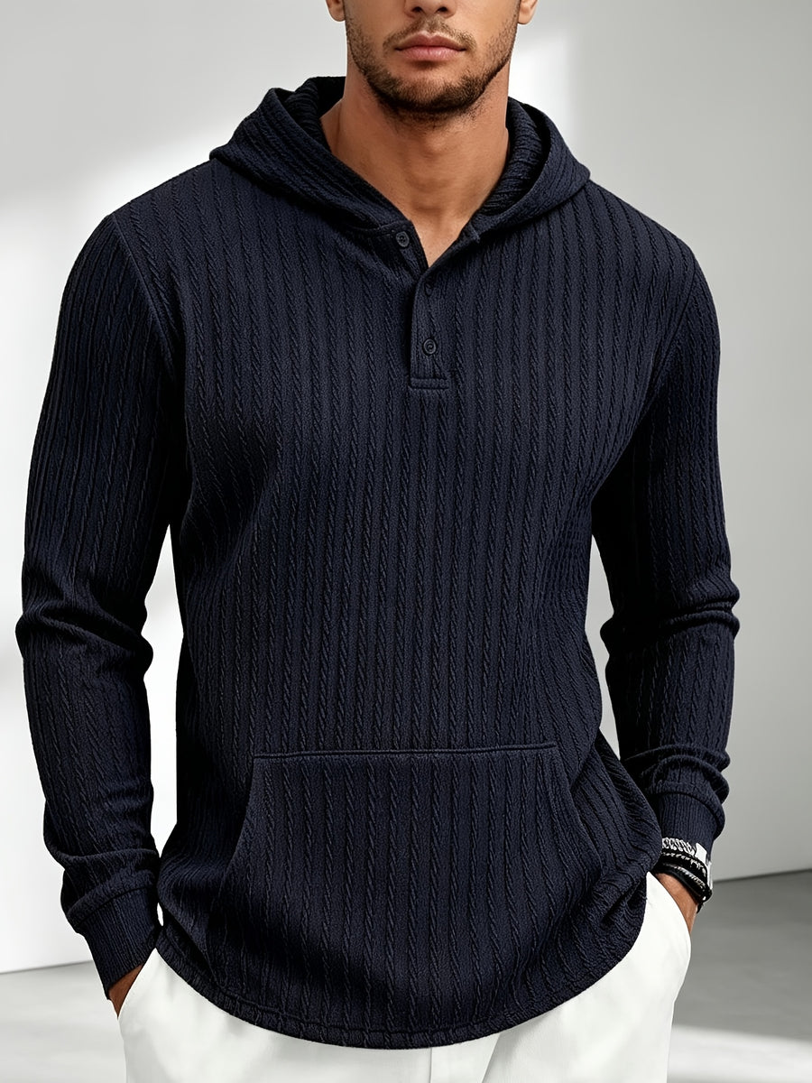 New Men'S Textured Jacquard Hooded Sweatshirt, Henley Button-Front Pouch Kangaroo Pocket Loose Stretch Long Sleeve Casual Top - Navy Color
