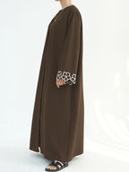 1pc Women's Elegant Floral Embroidered Saudi Arabian Abaya - Open Front Long Sleeve Loose Fit Islamic Dress, Middle Eastern Traditional Attire for Daily Wear, Vacation, Parties & Gatherings, Muslim Dress - Bronze