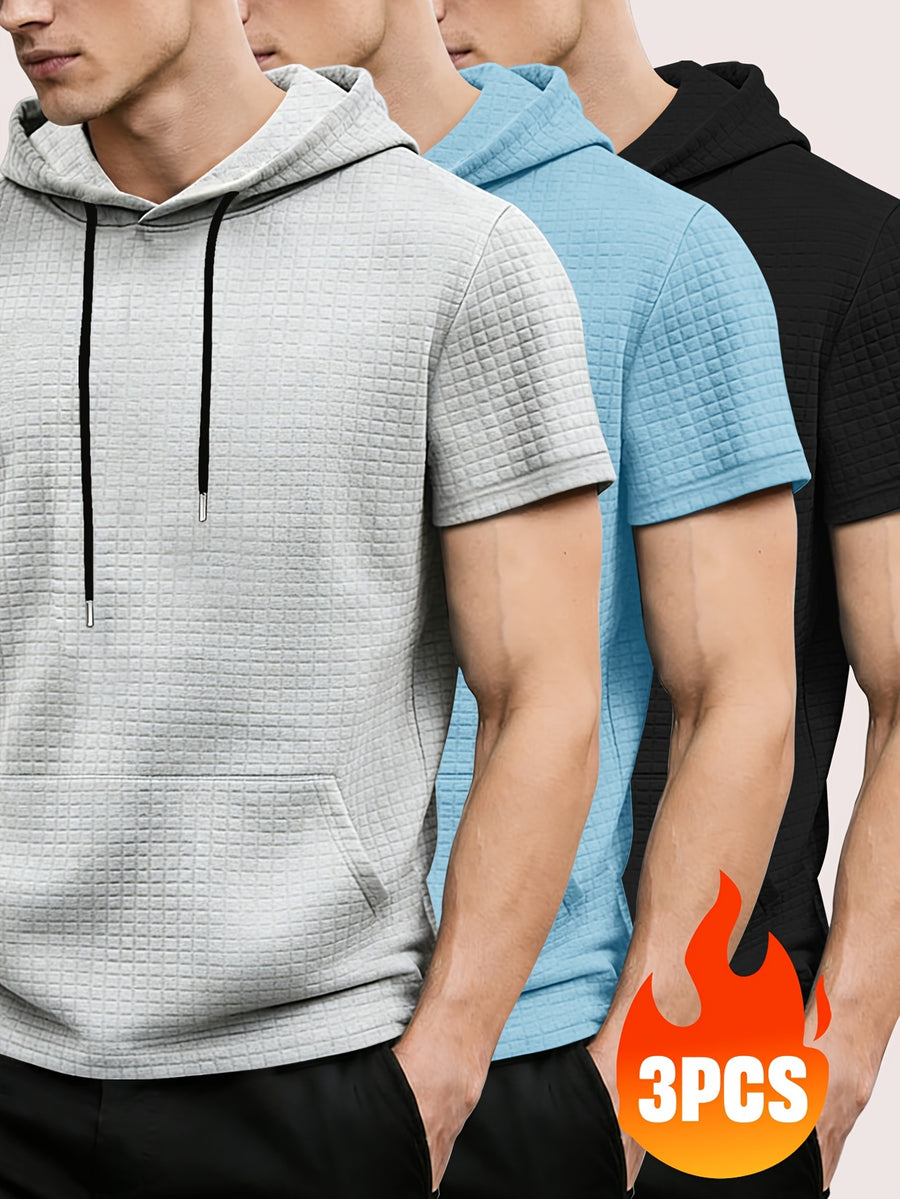 3pcs Men's Waffle Knit Short Sleeve Hoodie with Kangaroo Pocket, Soft and Breathable Fabric, Multiple Color Options, Versatile for Daily Wear, Simple and Stylish Casual Sportswear, Suitable as Matching Family Outfits, Great Choice for Gifts - Gray + Sky Blue + Black