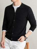 Men's Thick Knit Cardigan for Autumn & Winter, Classic Polo Collar, Solid & Striped Minimal Design, Old Money Style Warm Soft Sweater, Ideal Gift for Dad - Black