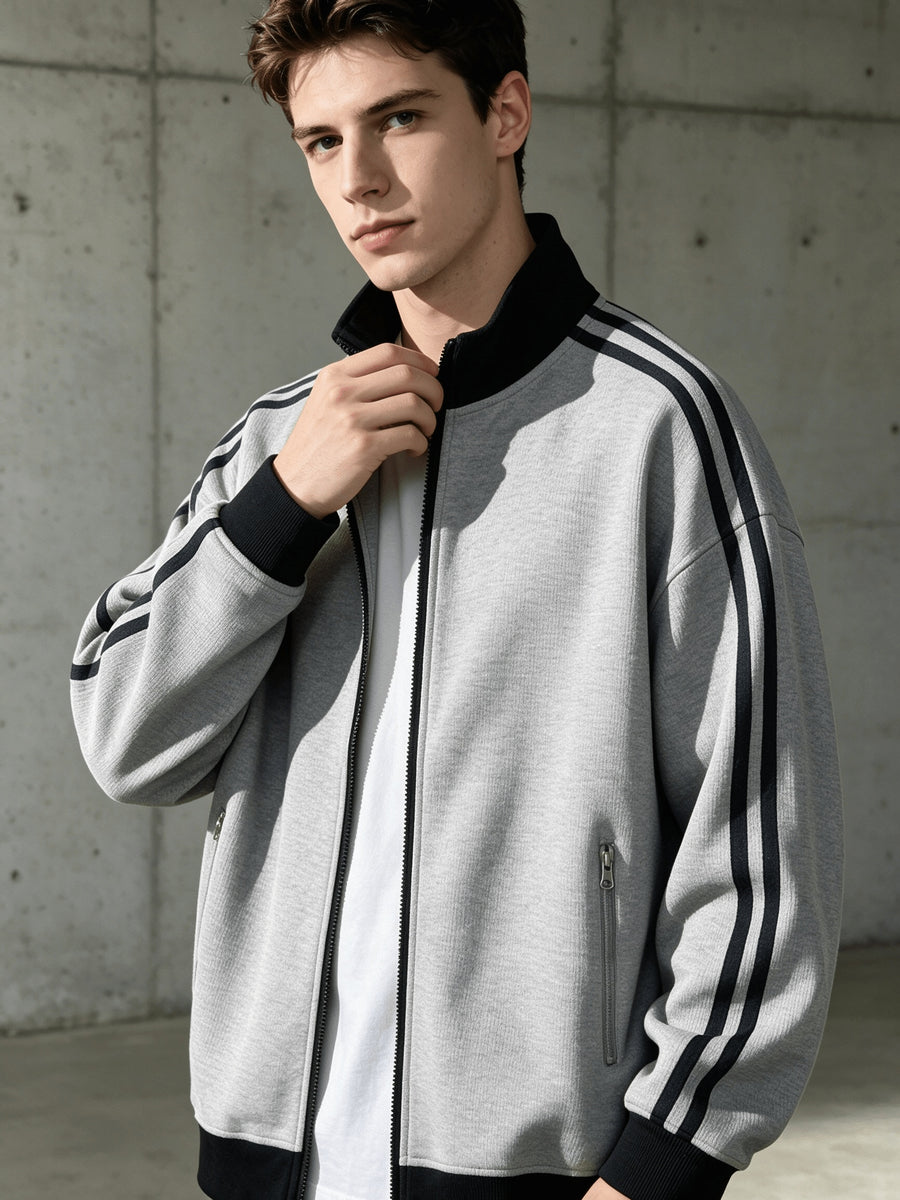 Stand Collar Striped Sports Jacket Waffle Knit Fabric Soft And Breathable Full Zip Closure for Easy Wear Double Zipper Pockets for Storage Drop Shoulder Loose Style Retro Casual, Spring, Fashion, Men, Outdoor, Quick-Dry - Light Hemp Grey