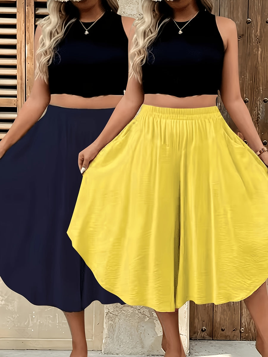 2pcs Cross-Border Spring/Summer New Solid Color Versatile High-Waist Casual Shorts for Women - Navy Blue Plus Yellow