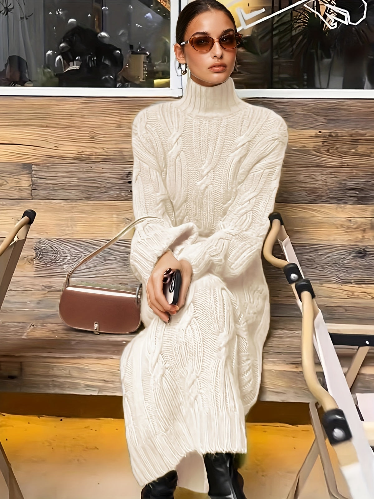 Women's Elegant Vintage Maxi Dress with High Neck & Twisted Rope Neckline - Loose A-Line H-Line Long Sleeve Dress for Fall/Winter Weddings, Parties, Special Occasions - Solid Color Dress in traditional fitting (No Padding/) - Off-white