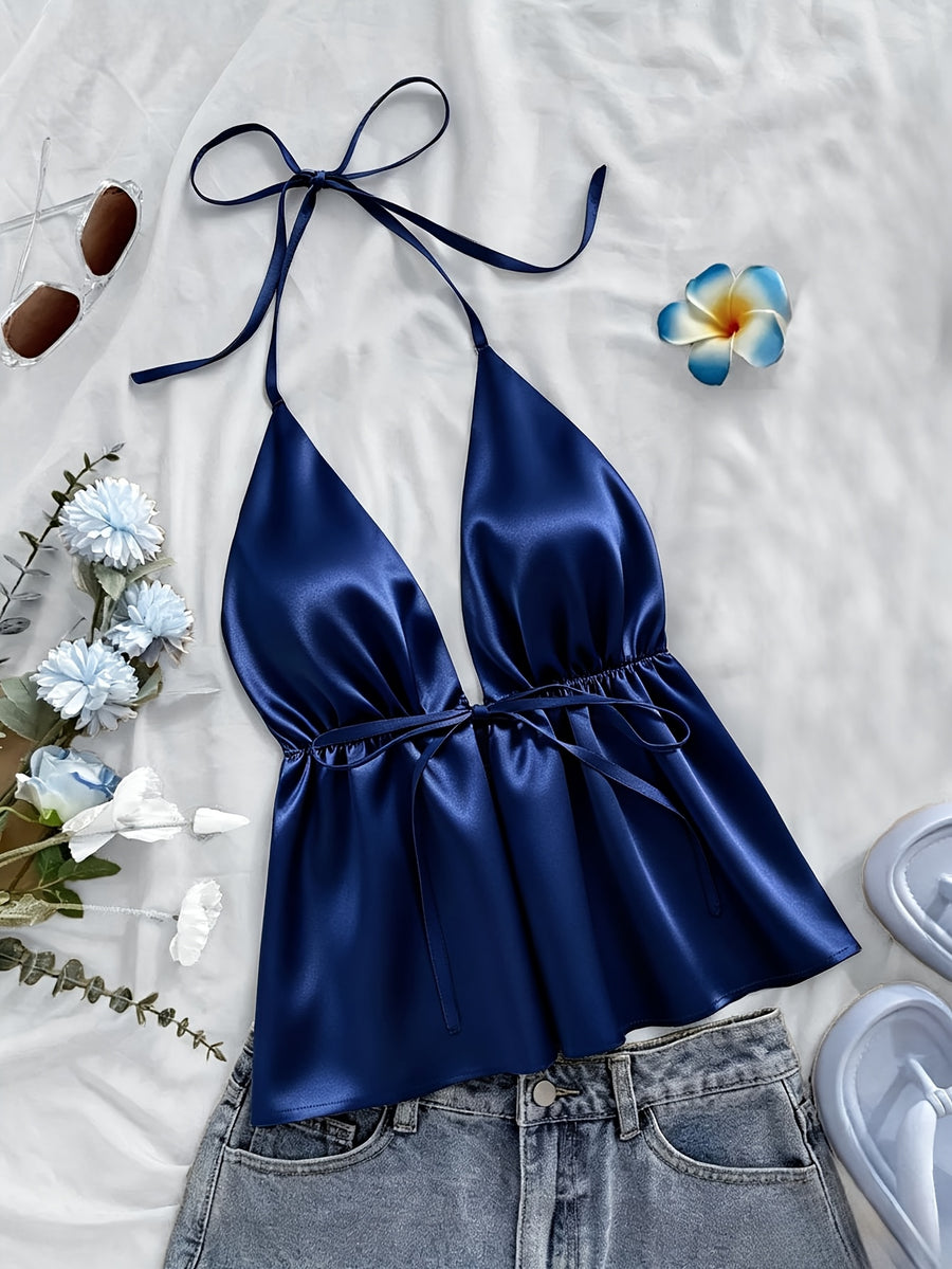 1pc Solid Color Spring Summer Beach Vacation Casual Satin Ruffled Cami Top - Navy Color