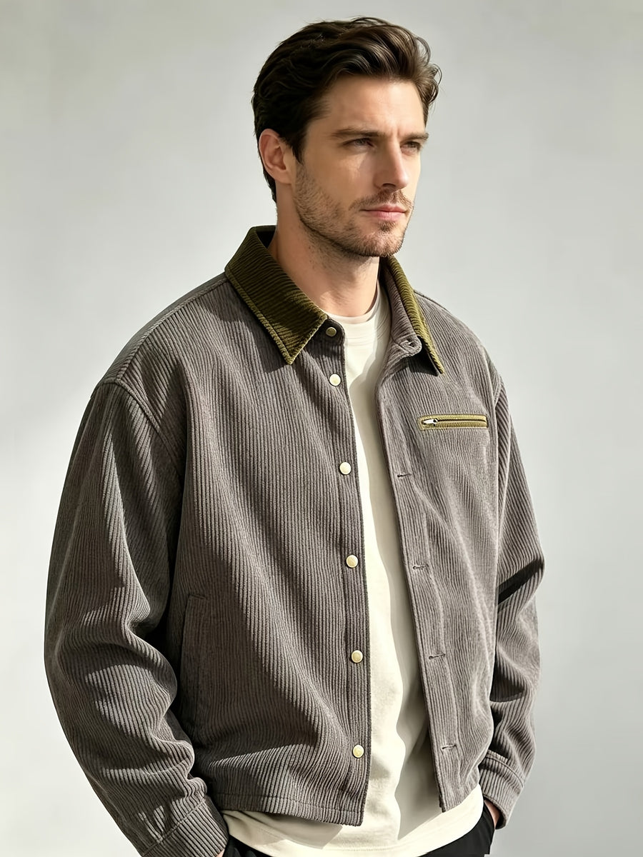Men'S Corduroy Jacket, Autumn Winter Style Retro Workwear Trendy Versatile Coat, Casual All-Match Lapel Top, Solid Color Long Sleeve Jacket Men'S Clothing - Grey