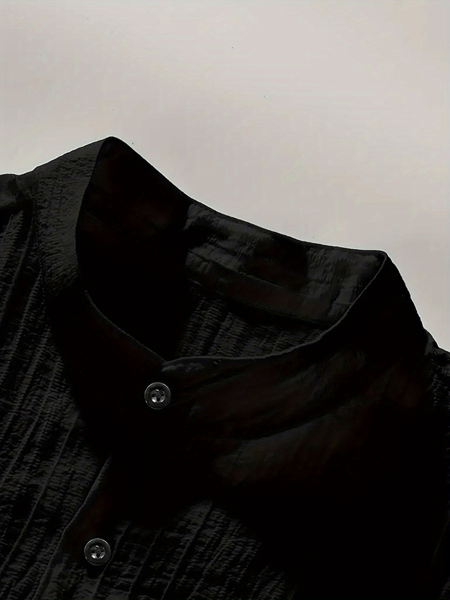 Men'S Fashion Casual Comfortable Long Sleeve Shirt - Lightweight Breathable Stand Collar Button-Up, Easy-Care Top, Machine Washable for Office And Casual Wear, Versatile Outfit for Events And Outings, Trendy Style Shirt - Black