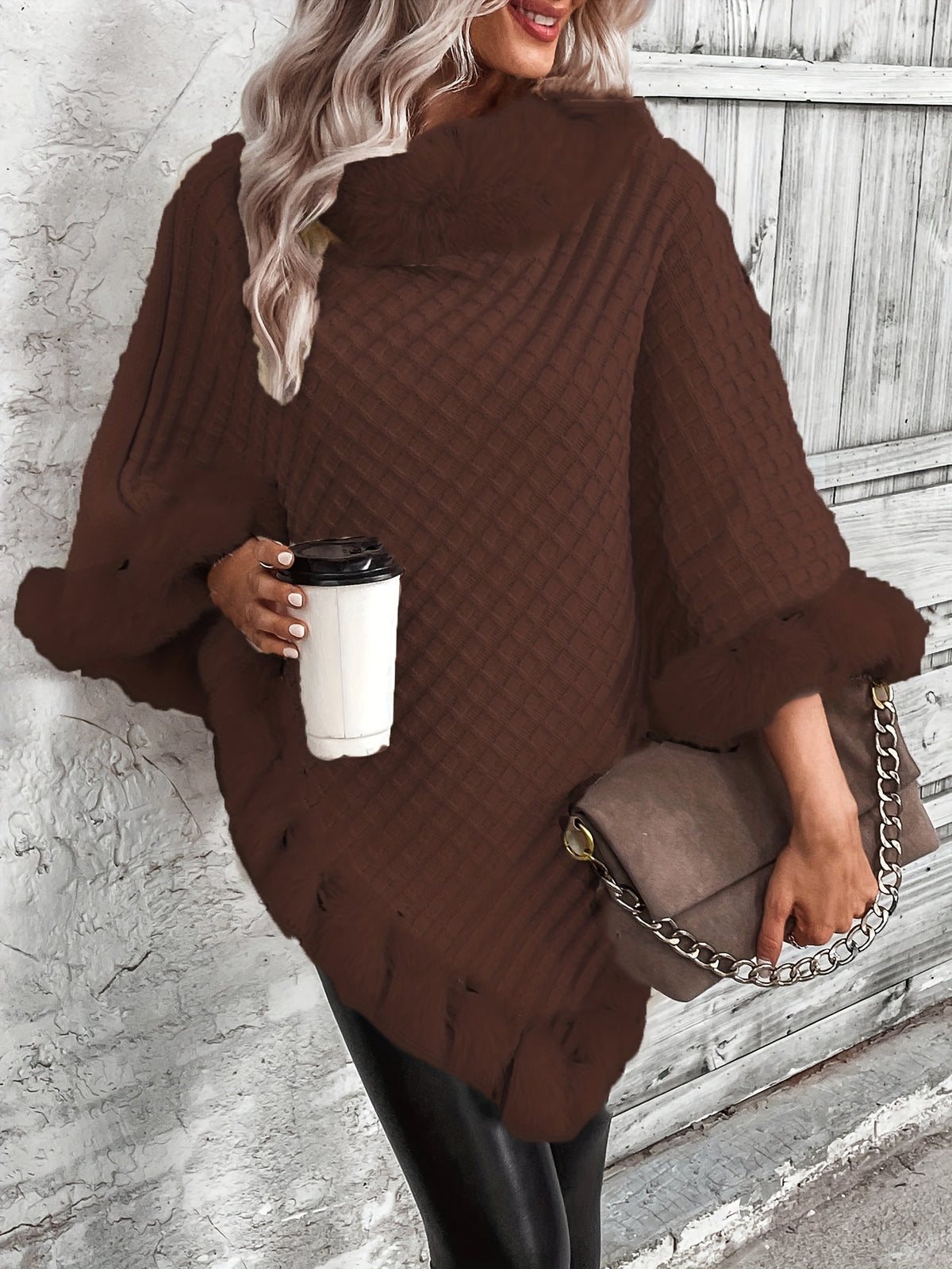 Women'S Elegant Faux Fur Collar Cape Coat - Soft Winter Coat with Plush Fur Trim, All-Season Chic Outerwear for Everyday & Formal Events - Coffee Color