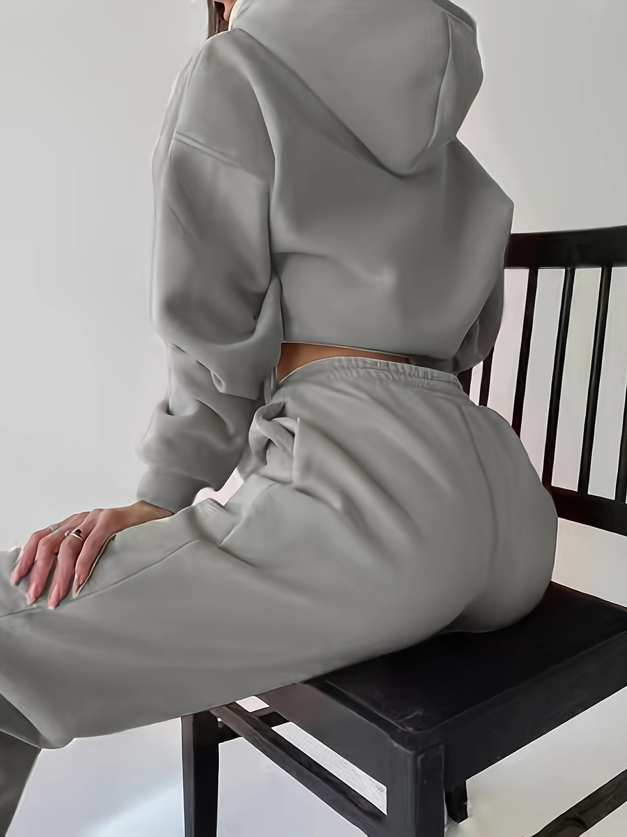 Women's Autumn/Winter New Hooded Sweatshirt Solid Color Set - Silvery Grey