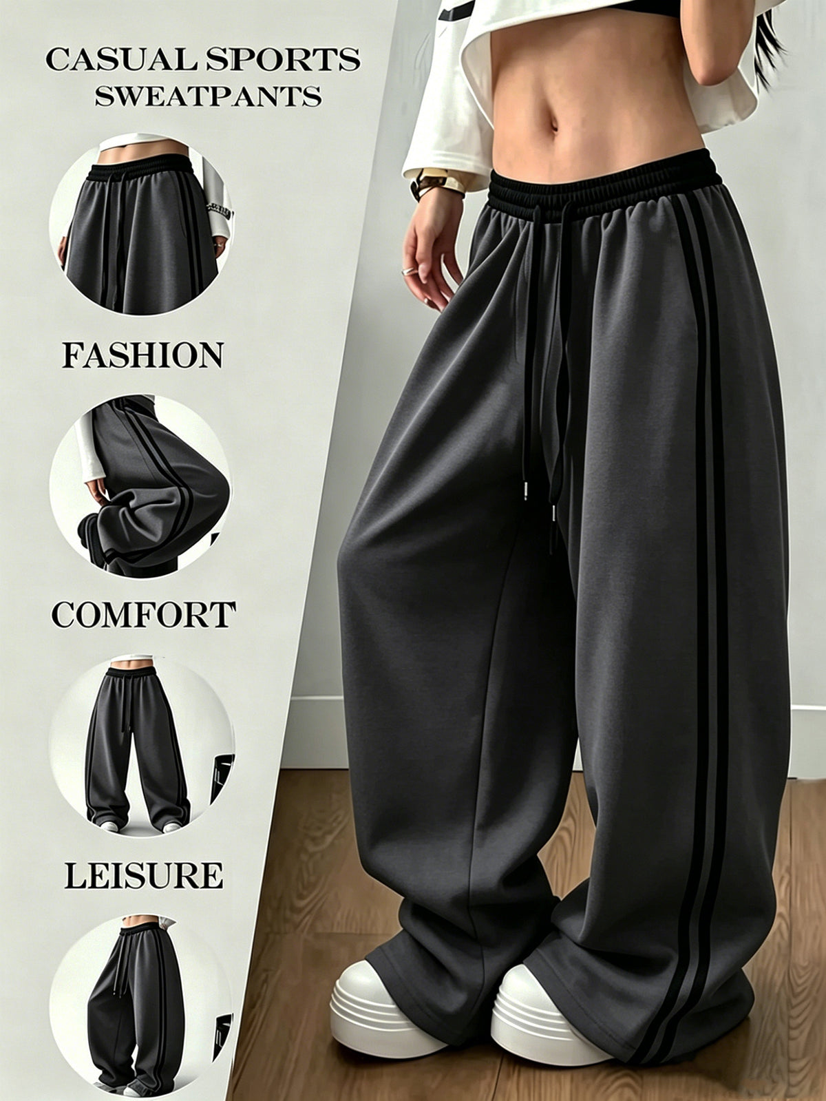 Street-style Color-block Striped Elastic Waistband Sweatpants, Loose-fitting, Figure-flattering, Drapey, and Relaxed-style Wide-leg Casual Trousers - Dark Gray