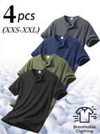 4pcs Men'S Henry Shirt Short Sleeves, Waffle Casual T-Shirts, Breathable Lightweight Summer Tops, Moisture-Wicking Summer Shirts, Gym Training Short-Sleeve Shirts - Black + Matcha Green + Navy Blue + Dark Gray