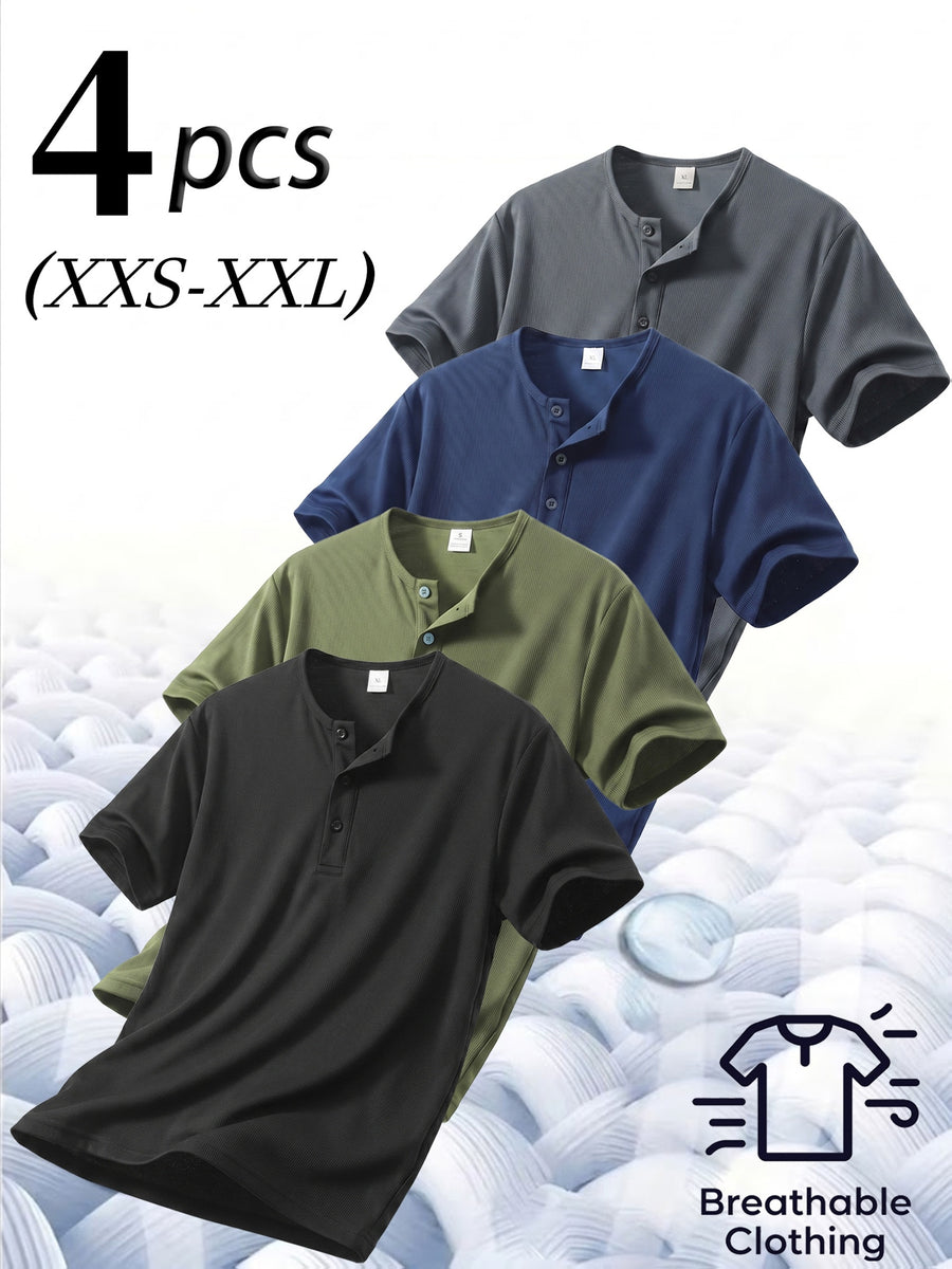 4pcs Men'S Henry Shirt Short Sleeves, Waffle Casual T-Shirts, Breathable Lightweight Summer Tops, Moisture-Wicking Summer Shirts, Gym Training Short-Sleeve Shirts - Black + Matcha Green + Navy Blue + Dark Gray