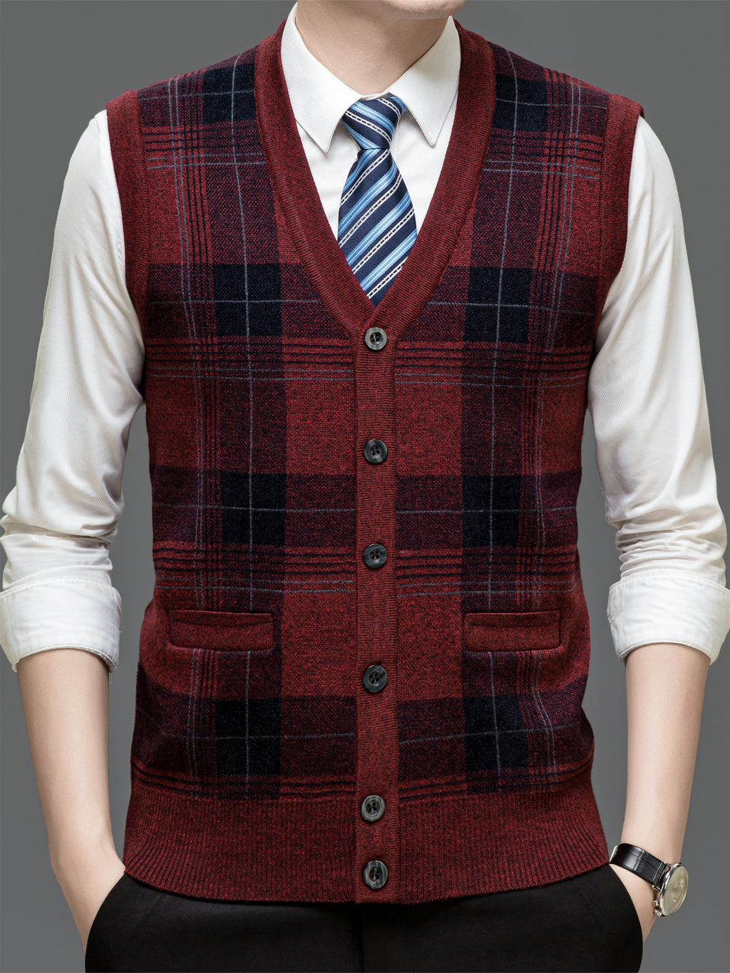 Autumn Winter Knit 3D Solid Color V-Neck Sweater, Basic Knit Cardigan, Men'S Fashion Sweater Vest, Size All - Red