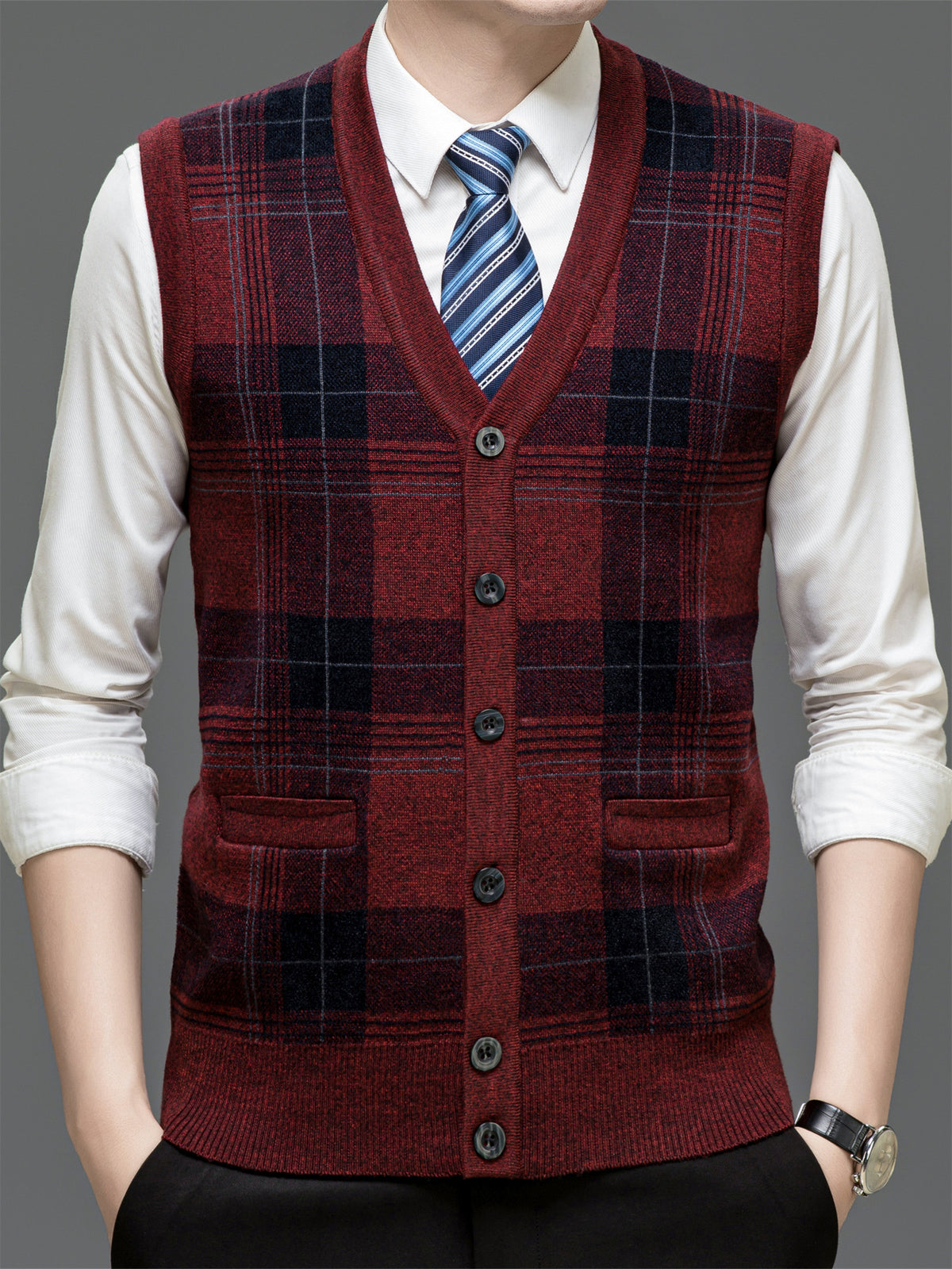 Autumn Winter Knit 3D Solid Color V-Neck Sweater, Basic Knit Cardigan, Men'S Fashion Sweater Vest, Size All - Red