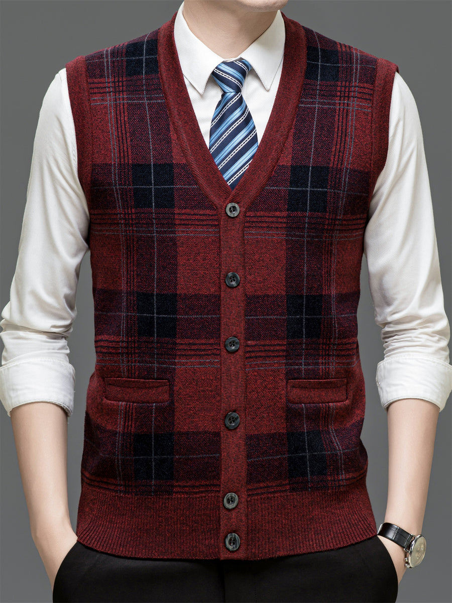 Autumn Winter Knit 3D Solid Color V-Neck Sweater, Basic Knit Cardigan, Men'S Fashion Sweater Vest, Size All - Red