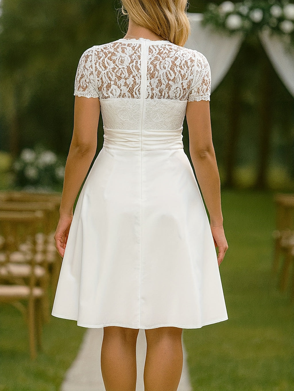 Spring Summer Women'S Elegant Pure V-Neck Lace Short Sleeve Midi Dress, Suitable for Weddings And Garden Parties And Other Special Occasions - Ivory White