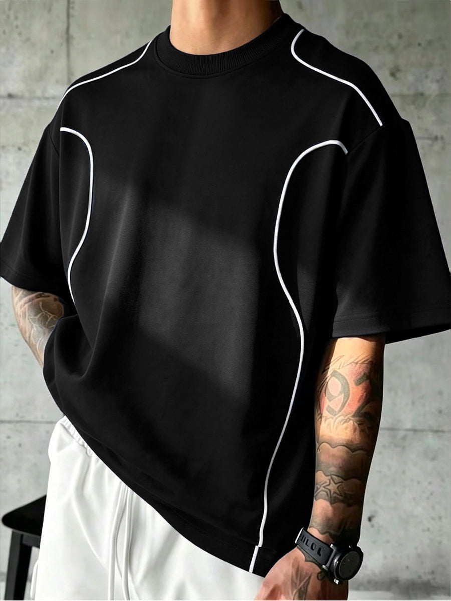 1 Men's Sporty Line Art Solid Color Short-Sleeve T-Shirt, Lightweight, Wear-Resistant, Anti-Pilling Street Style T-Shirt, 100% Polyester Fiber Quick-Drying, Breathable, Stretchy Short-Sleeve Top, Suitable for the Gym, Daily Outings, and Versatile - Black
