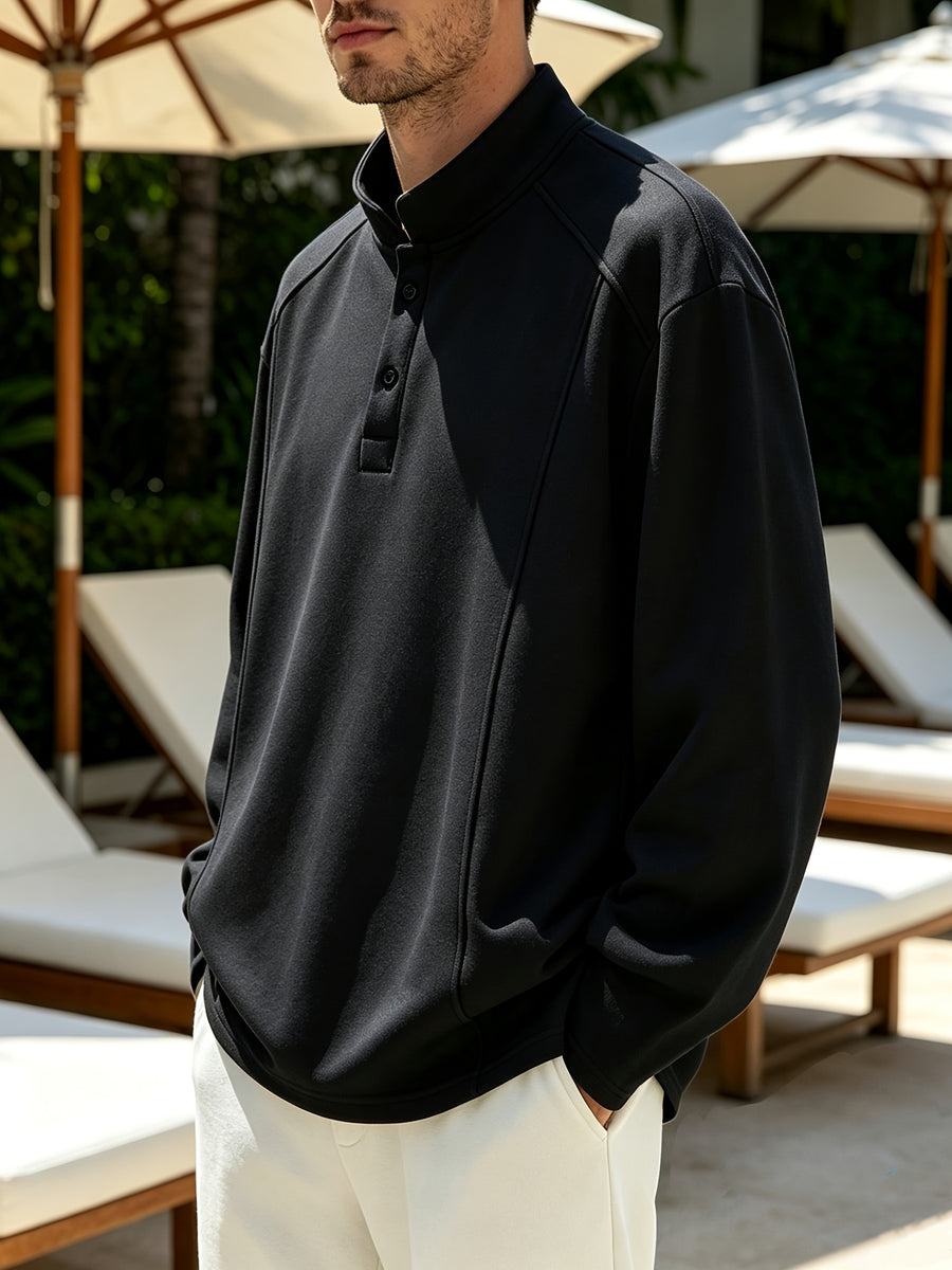 Spring/Autumn Henry Neck Long Sleeve T-Shirt, Loose Fit with Half-Open Placket Design, Versatile Commuter Base Layer, an Excellent Choice for Daily Work and Casual Vacations - Black