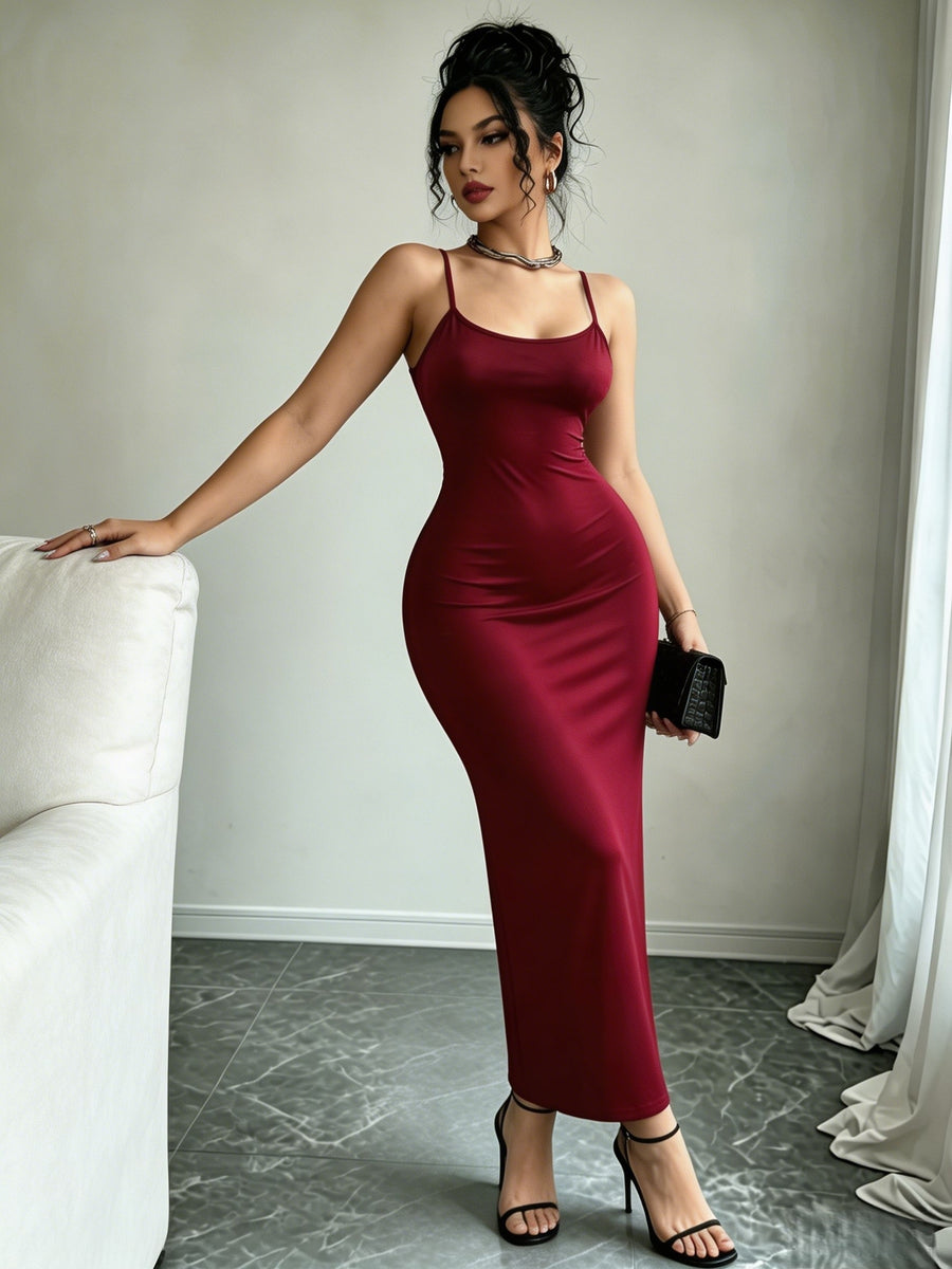 Wine Red Backless Camisole Dress for Women, a Figure-hugging Long Dress That Fits the Hips, a Sexy and Pure Long Dress Suitable for Various Occasions Such as Dinner Parties, Dates, Birthday Parties, Bridesmaid Events, Toasts, Annual Gatherings - Burgundy