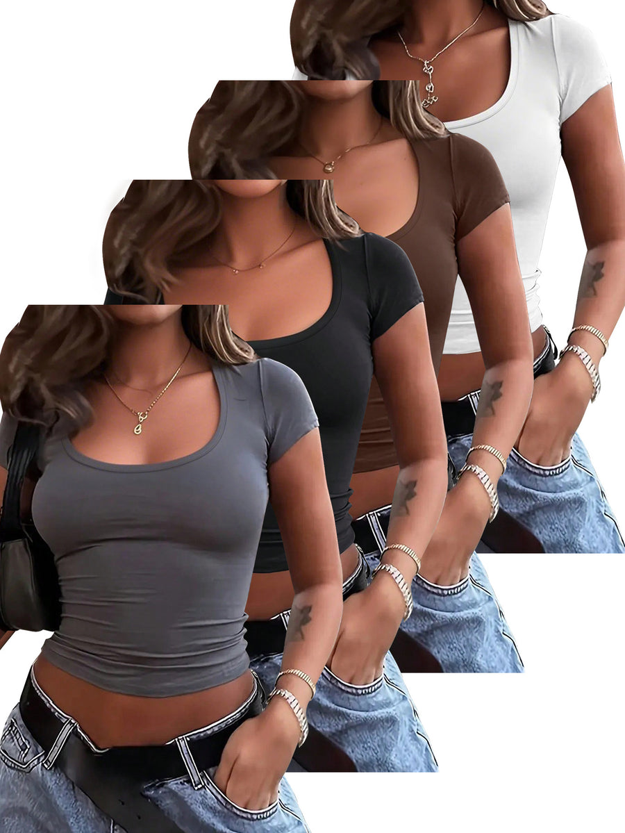 4pcs Set U-Neck Short-Sleeved T-Shirt Women'S Summer New Solid Color Slim Short All-Match Top - Dark gray+black+brown+white