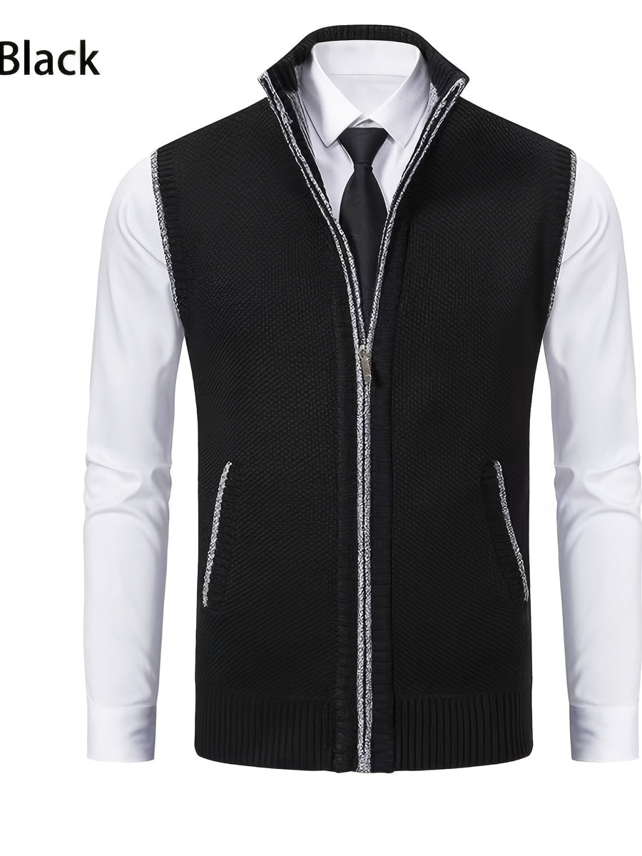 2pcs Spring/Autumn Style Sweater Knit Vest Zipper Cardigan with Real Pockets, Solid Color, Unisex Vest - E7015K+HEI