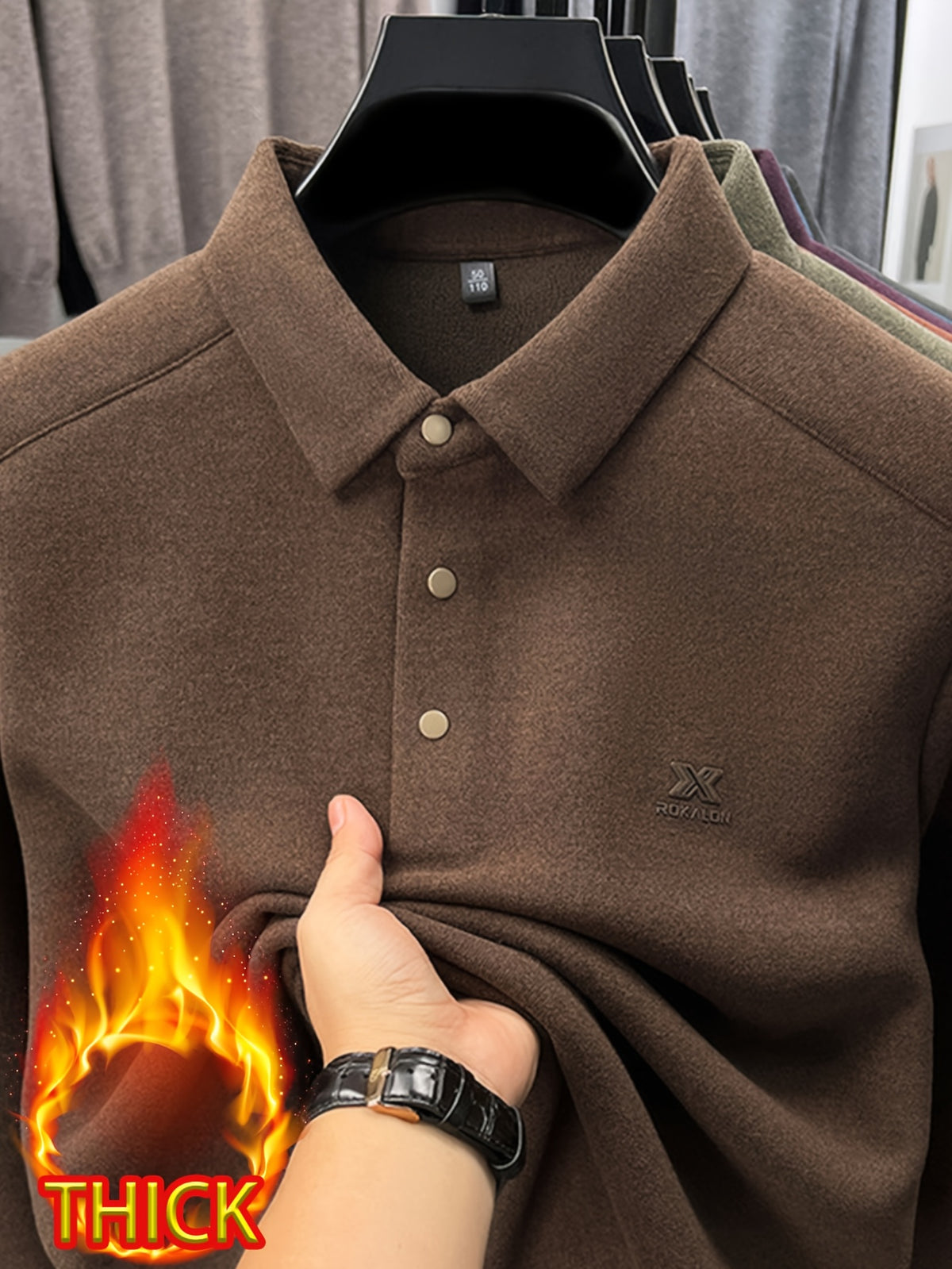 Thickened Men'S 3-Button Collar Polo Pullover Long Sleeve, Buttoned Placket, Ribbed Cuffs, Suitable for Autumn Inner And Outer Wear - SINBOS - Mocha Brown