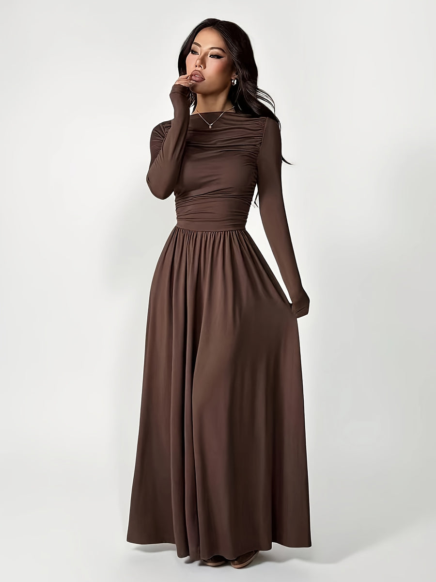 Women'S Solid Color Slim Long Sleeve Dress, Solid Color Dress, Elegant Women'S Thanksgiving Outfit, Graceful Party Gown, Wedding Party Dress, Fashion Evening Dress, Korean Style, Autumn Winter, Women'S Elegant Dress - COFFEE COLOR