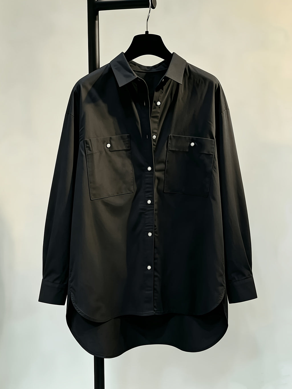 Women's Simple and Elegant Shirt Jacket, New Spring/Summer Style, Front Short Back Long, Versatile Loose Fit Casual Long Sleeve Top - Black