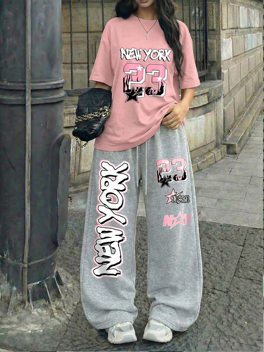 NEW YORK" and Number 23 Print Casual Streetwear Crew Neck Short Sleeve Top and Loose Drawstring Long Pants 2pcs Set, Women's Jersey Sporty Style Outfit, Suitable for Summer Street Style Hot - Pink+Grey