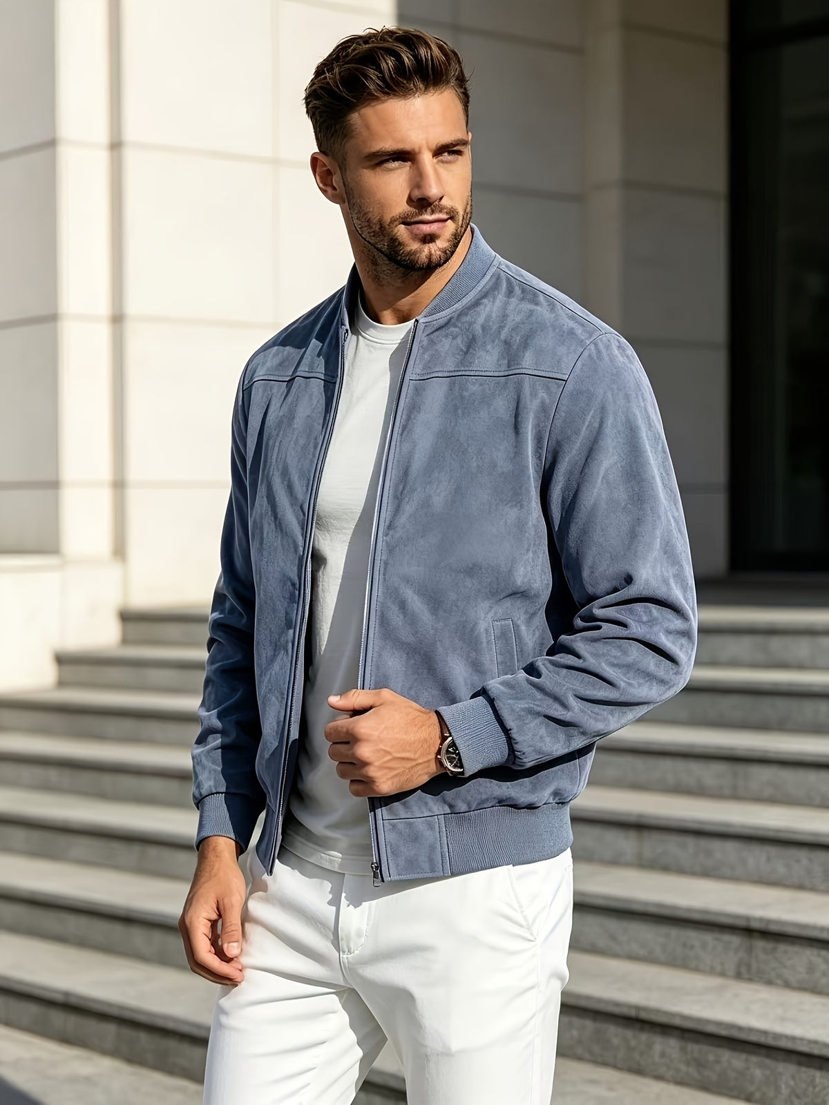 2026 New Men's Baseball Collar Jacket, Autumn Casual Zip-Up Outerwear, Loose Versatile Pilot Top - Dark Blue 1