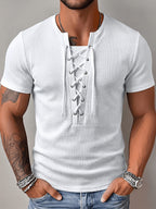 Men'S Fashion Men'S Tops Spring/Summer Outdoor Casual Textured Plaid Fabric Solid Color Round Neck Single-Breasted Lace-Up Short-Sleeved Men'S Henley Shirt - White