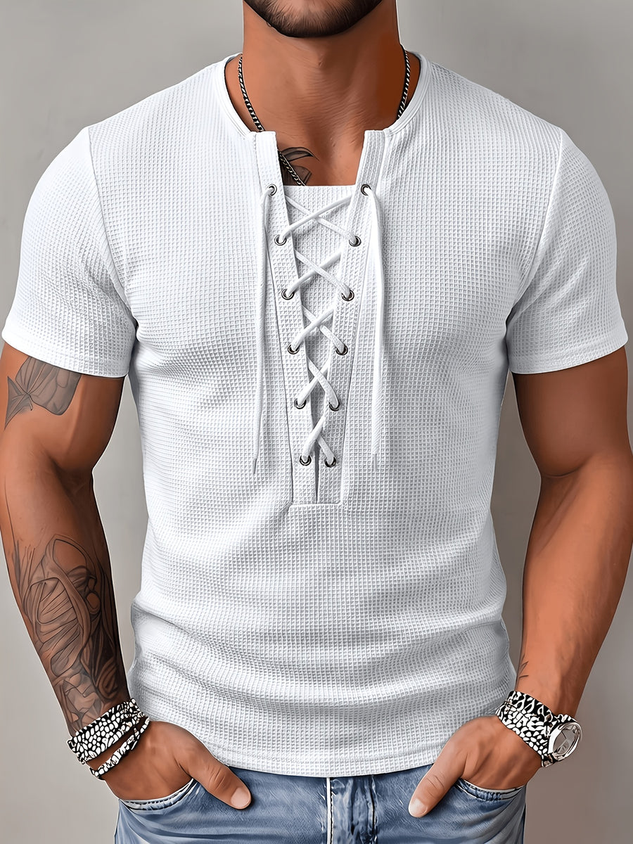 Men'S Fashion Men'S Tops Spring/Summer Outdoor Casual Textured Plaid Fabric Solid Color Round Neck Single-Breasted Lace-Up Short-Sleeved Men'S Henley Shirt - White