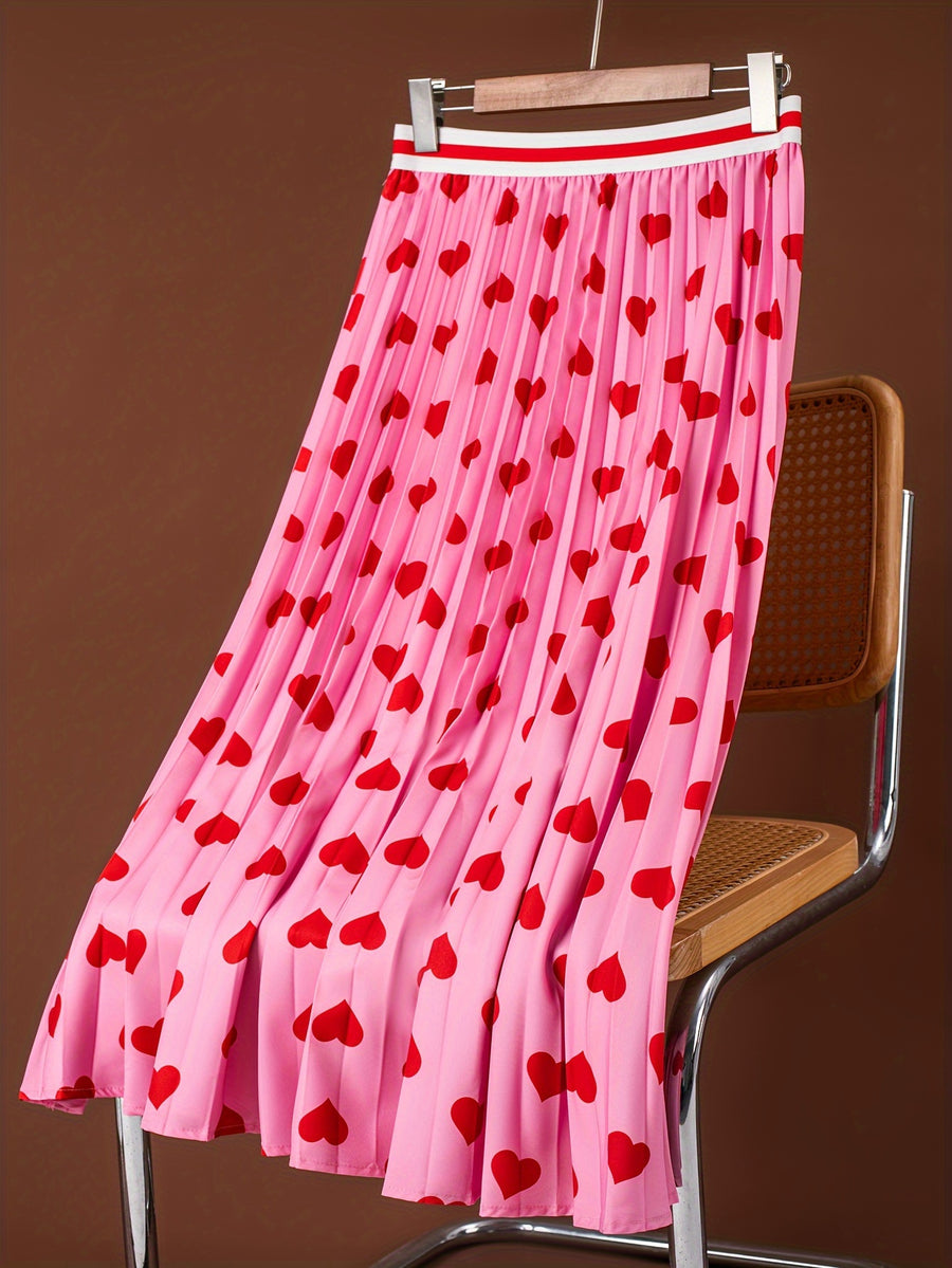Heart Print Elastic Waist Band Skirt, Casual A-line Pleat Skirt For Spring & Summer, Women's Clothing - Pink