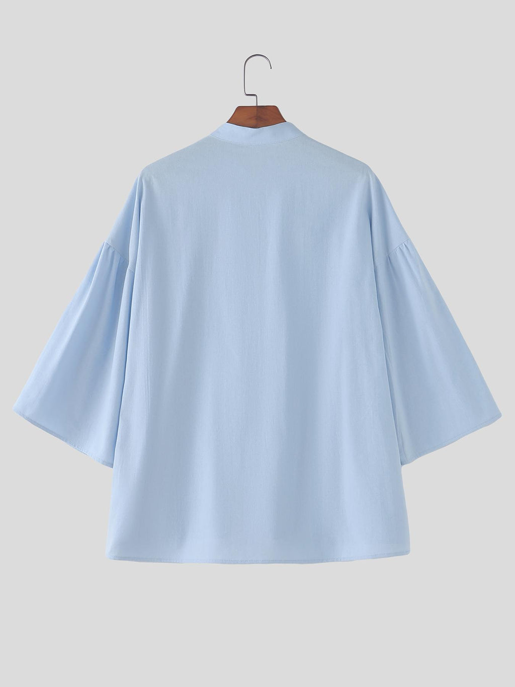 Men Casual Tops Solid 3/4 Sleeve Stand Collar V Neck Solid Loose Fit Outdoor Street Casual Shirt - Light Blue